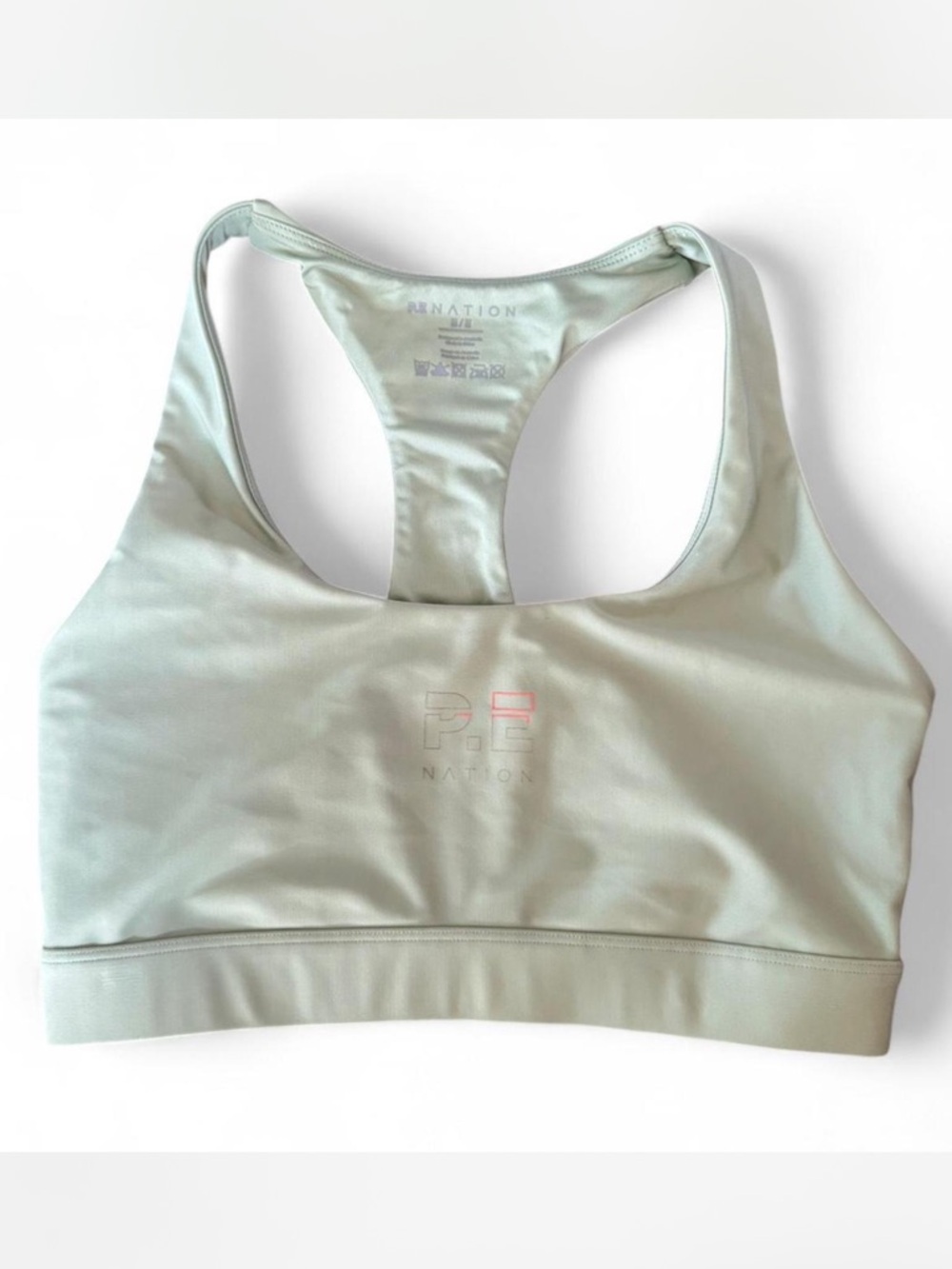 PE Nation Medium Light Green Sage Khaki Sports Bra Razorback Scoop Logo Pilates